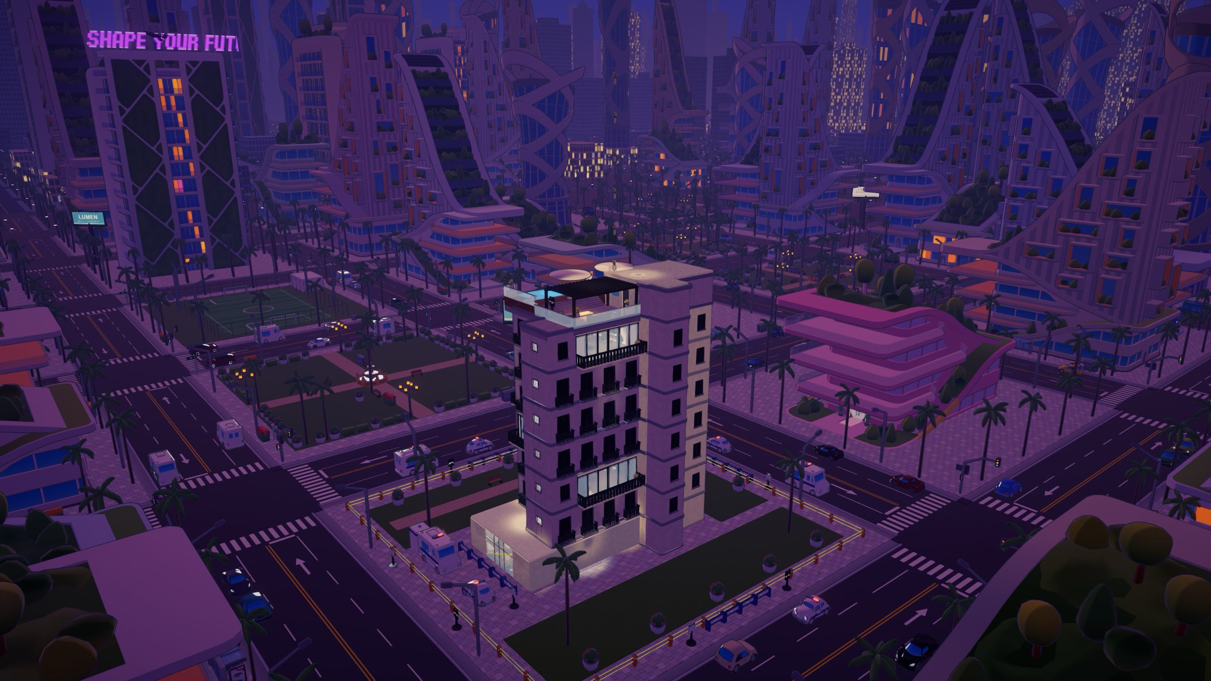 The tower at night, lit windows among the neon city
