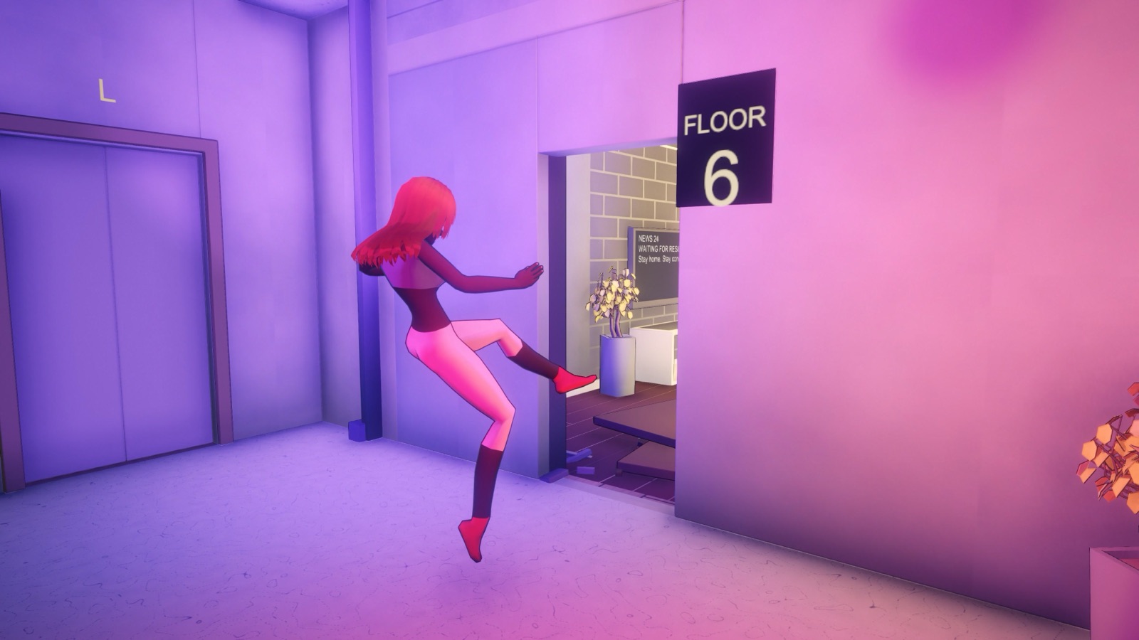 A resident kicking a door open in the floor 6 hallway