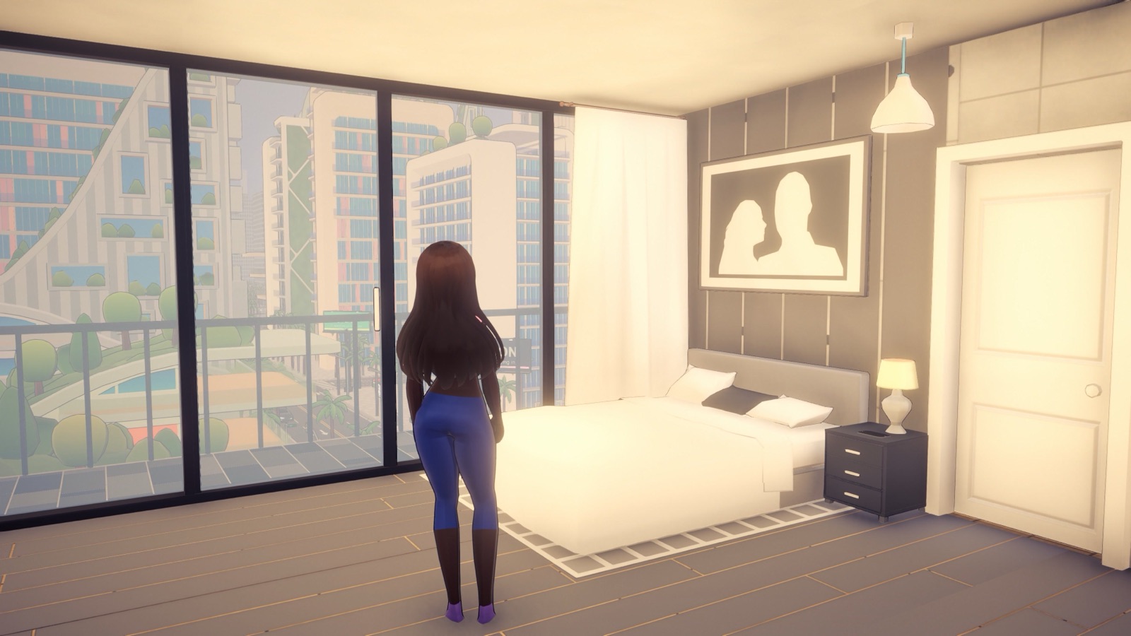 A resident at her bedroom window in the morning
