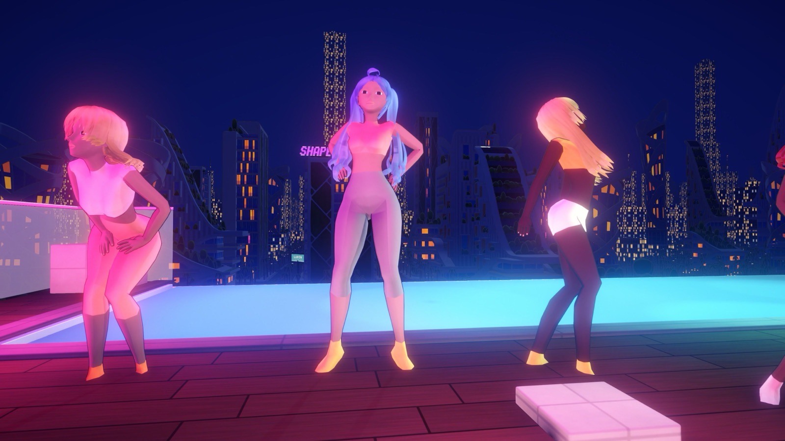 Four residents dancing at the neon rooftop pool