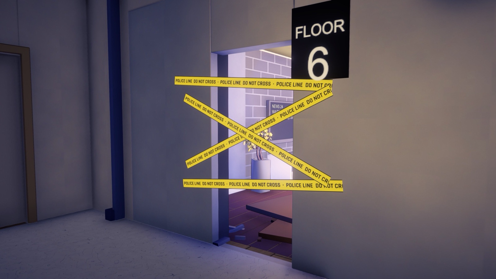 Police tape across an open apartment door